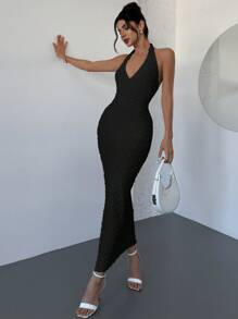 Firerie Nuevo vestido largo elegante y romántico de Día de San Valentín ajustado con cuello en V y costillas, color albaricoque, ajuste para verano - Negro - Ver 4