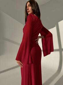 Aloruh Square Neck 3D Floral Bell Sleeve Long Fish Tail Romantic Date Dress For Women - Burgundy - View 7