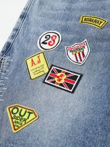 ROMWE MEN Prep 大码男士字母刺绣口袋宽松休闲牛仔短裤 - 藍色 - 查看 6