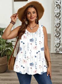 EMERY ROSE Plus Size Casual Ditsy Floral Loose Fit Pleated Wide Strap Camisole And Tank Top, Suitable For Spring/Summer Suitable For Going Out - Multicolor - View 4