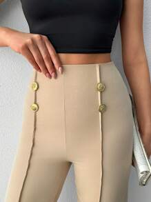 EURMUSE WOMEN BUTTON DETAILED WIDE LEG HIGH WAIST PANTS - Beige - View 5