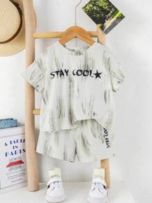 SHEIN 2pcs Set Baby Boy/Girl Casual Chic Korean Style Soft & Graphic Letter Print Tie Dye Shorts Set, Comfortable & Versatile For Spring/Summer - Khaki - View 4