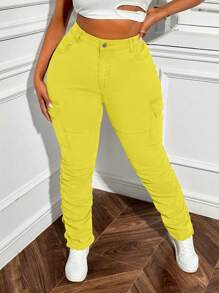 Slaydiva Celana Jeans Kasual Stretch Wanita Ukuran Plus dengan Kantong Kargo dan Elemen Desain - Kuning - View 3