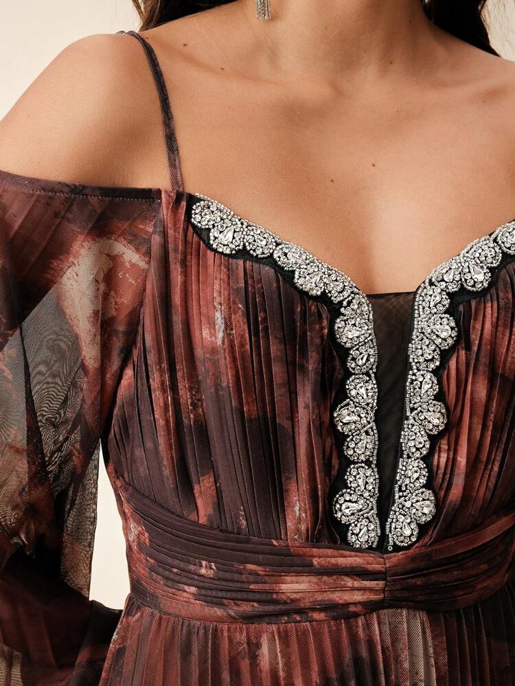 Women's Spring Spaghetti Strap V-Neck Pleated Rhinestone Decor Long Sleeve Elegant Tie Dye Printed Woven Dress