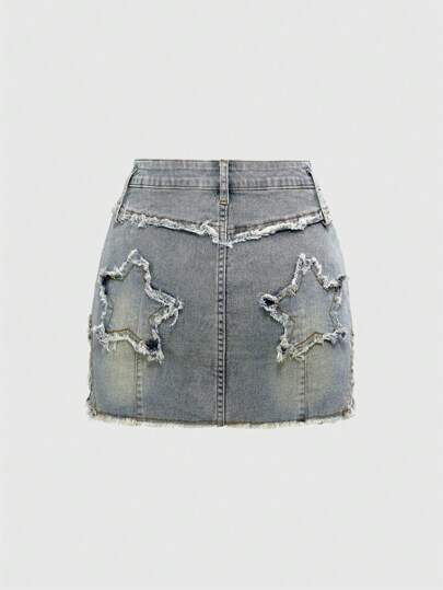 Grunge Punk Mini-jupe en jean moulante délavée avec ourlet effiloché, étoile brodée, style varsity Y2K