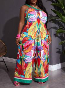 SHEIN CURVE+ Bộ đồ liền thân ống rộng không tay in họa tiết cây nhiệt đới cỡ lớn dành cho nữ khi đi nghỉ - Nhiều màu - Xem 6