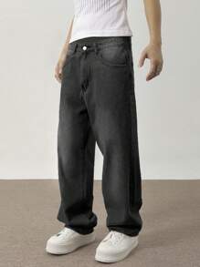 Manfinity Hypemode Pantalones vaqueros de hombre con bolsillos sesgados y pierna ancha con ajuste holgado