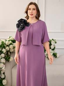 Modelyn Plus Size 2pcs/Set Elegant Rhinestone Collar Floral Print Outfit - Purple - View 4
