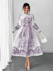 Elenzga فستان طويل بأكمام طويلة وياقة مستديرة وخطوط طباعة واسعة، فستان بوبلين طويل بأسلوب منتفخ مقاسات كبيرة للنساء، فستان أنيق - متعدد الألوان - مشاهدة 3