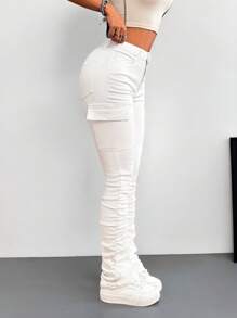 SHEIN PETITE White Women's Jeans Stretch Skinny Flared Pants Cargo Pocket Y2K Summer Jeans - White - View 4