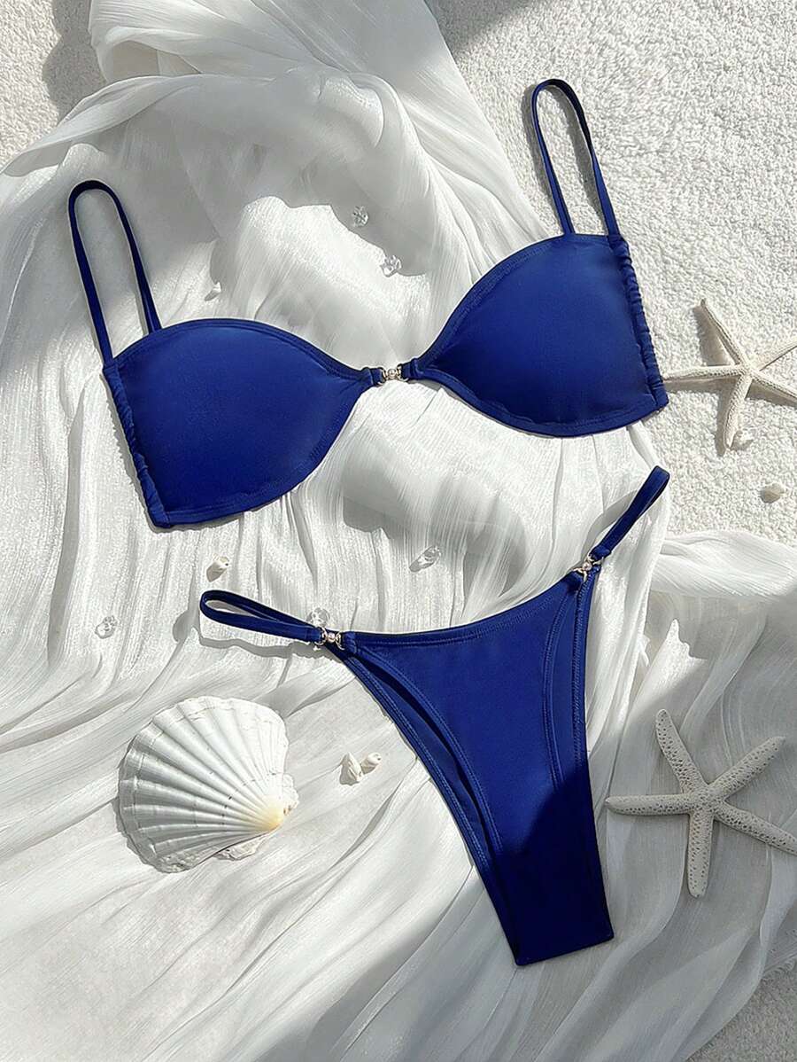 SHEIN Swim Women's Sexy Pearl Decor Drawstring Beach Bikini Set, Suitable For Vacation For Summer - Navy Blue - View 1