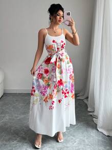 Chiquease Spaghetti Strap Cinched Waist Printed Maxi Vacation Dress - White - View 2