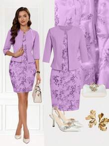 Ellevyn Plus Size Elegant Solid Color Jacket & Sequin Embroidered Dress 2 Pieces Set,Holiday Outfits - Purple - View 9