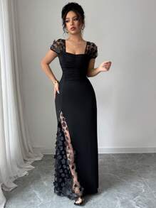 Elenzga Summer Vacation Party Jacquard Mesh Trim Fitted Dress - Black - View 3