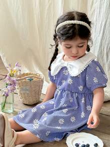 SHEIN Vestido con cuello ancho, mangas abullonadas y pequeñas margaritas para niña bebé, primavera/verano, estilo campo - Azul - Ver 6