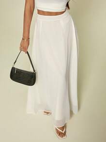 SHEIN Tall 夏季纯色高腰 A 字飘逸半身裙 - 米色 - 查看 5