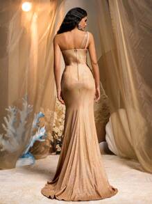 Glamrae Elegant & Luxurious Sequin Knitted Satin Ruched Mermaid Hem Dress,Heavy Embellished Evening Gown For Wedding Guest,Party,Prom,Formal Occasions - Gold - View 3