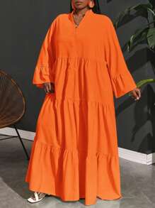 SHEIN CURVE+ 度假休闲梭织宽松 A 级女式大码衬衫连衣裙女士海滩装/沙滩裙/海滩度假装/海滩必备品/毕业/茶会礼服 - 橘色 - 查看 3