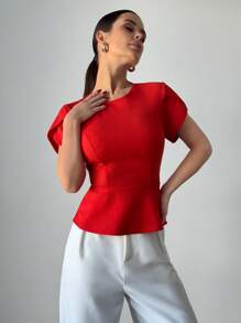 Firerie Women's Red Knitted Casual Blouse With Short Sleeves, Round Neck, And Pearl Button Back Detail - White - View 5