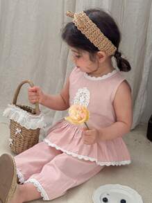 SHEIN Vintaside Kids 2pcs/Set Baby Girls Casual Country Style Sweet Sleeveless Lace Trim Blouse & Wide Leg Pants 2 Pieces Set, Spring/Summer - Pink - View 4
