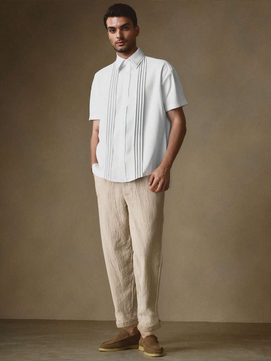 Manfinity VCAY 2pcs/Set Men's Woven Fitted Spread Collar Casual Shirt Set, Suitable For Summer - White - View 1