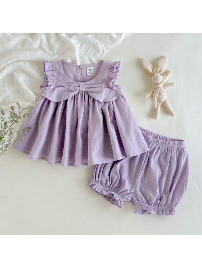 Loomiva 2 件套女婴套装，带蝴蝶结装饰无袖上衣和松紧腰短裤