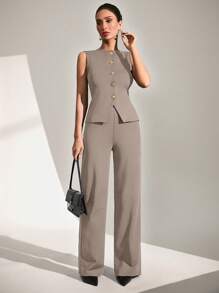 EURMUSE Women's Solid Color Single-Breasted Vest And Pants Casual Suit