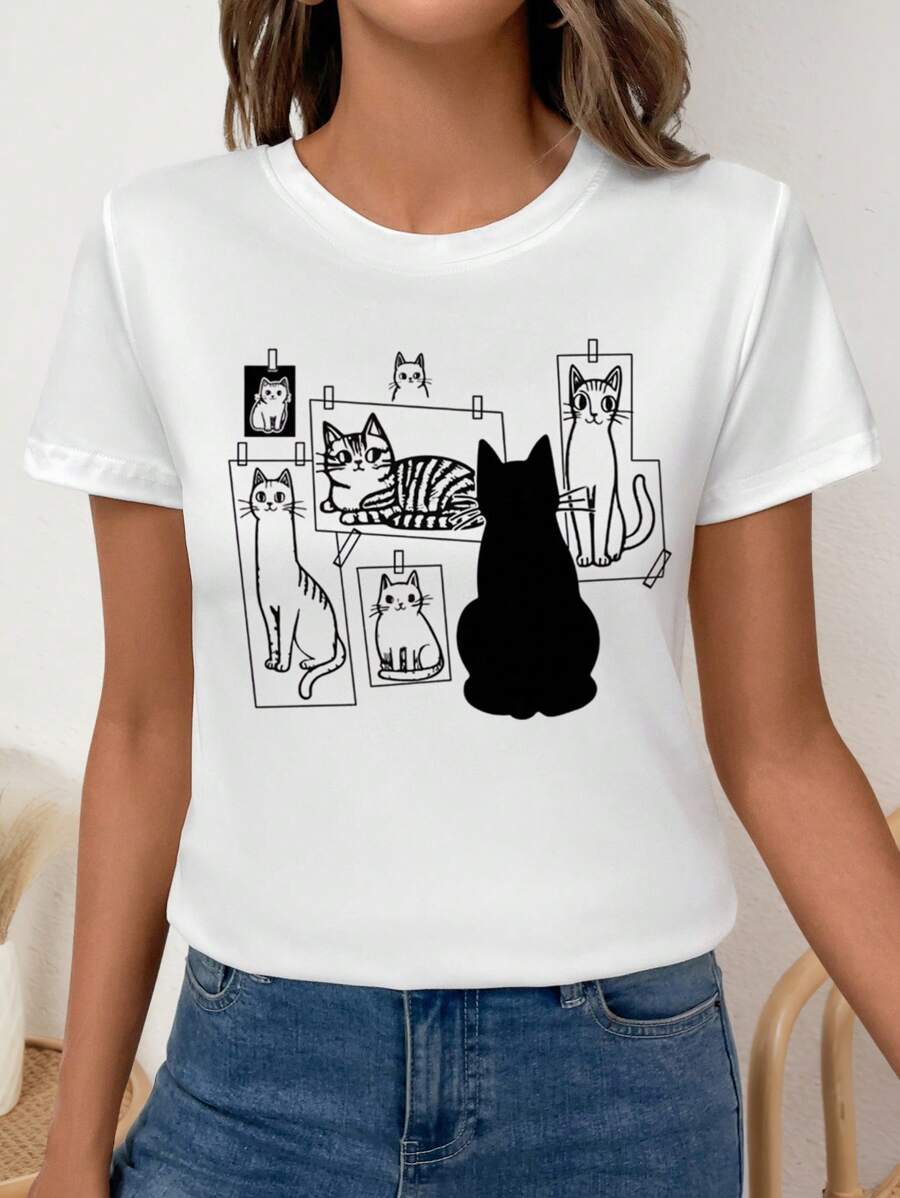 Calvaya 大码夏季可爱猫咪印花圆领短袖 T 恤，适合猫爱好者，春季上衣 - 白色 - 查看 1