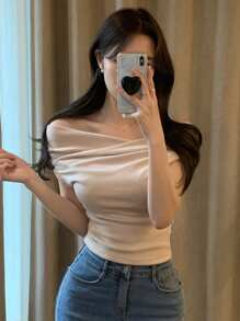 DAZY Women Solid Color Off-Shoulder Short Sleeve T-Shirt, Spring/Summer,Off Shoulder Top Going Out Tops Women - Apricot - View 3