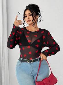Elenzga Plus Size Sexy Heart Mesh Bodysuit, Stylish Fitted Long Sleeve Graphic Tee, Slim Fit Heart Mesh Top