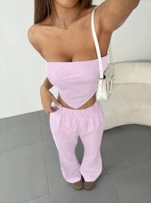 Flirla 女士 2 件套条纹不对称下摆抹胸和裤子 - 粉色 - 查看 5