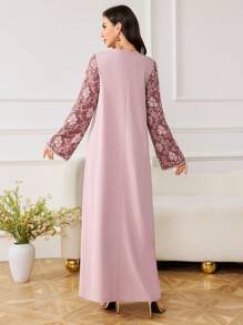Al Najma Women's Elegant & Luxurious Turkish/Arabian Style Long Dress With Patchwork Design, Modest Kaftan - Pink - View 2