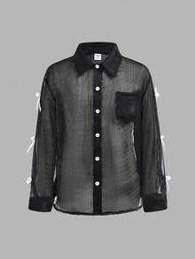 青春期女孩三件套：半透明欧根纱蝴蝶结衬衫、针织背心、针织喇叭裤、休闲甜美女孩装 - 黑色 - 查看 8