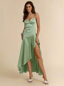 SHEIN BAE Abito da donna in raso con scollo a V sexy, spacco alto, adatto per ballo, laurea o altre occasioni come Pasqua, estivo