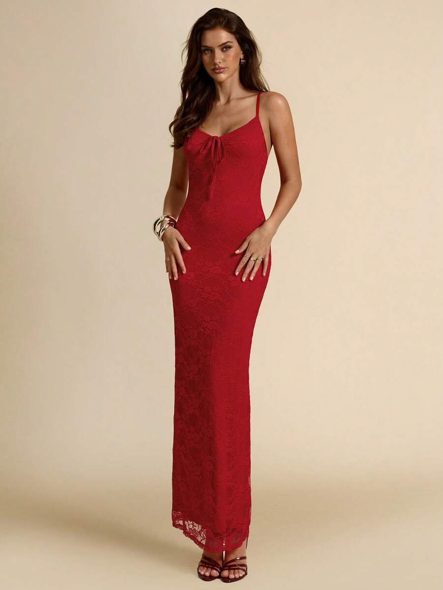 SHEIN BAE 纯红色性感修身长款蕾丝吊带连衣裙，优雅紧身鱼尾毕业礼服，伴娘礼服，婚礼派对礼服，春夏 - 紅色 - 查看 1