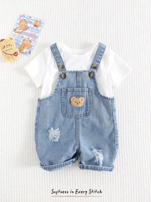Cozy Pixies Salopette en jean délavé avec poche avant avec motif d'ours de dessin animé pour bébé garçon