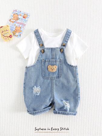 Cozy Pixies Baby Boy Cartoon Bear Graphic Front Pocket Distressed Denim Bib Shorts