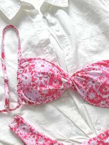 Swim Mod Bikini da donna per la primavera, a fascia sottile, con stampa floreale piccola a caso, con dettaglio intrecciato davanti, per l'estate