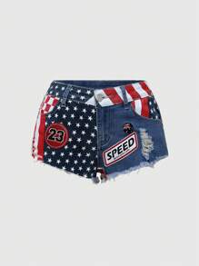 ROMWE Avant American Flag Patchwork Distressed Low Waist Denim Shorts - Blue - View 1
