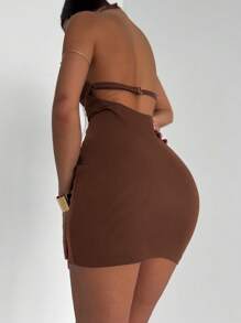Aloruh 女式露背 V 领性感短裙 - 棕色 - 查看 2
