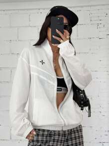 StreetHx Oversized Women Casual Solid Color Printed Zip-Up Long Sleeve Jacket - White - View 5
