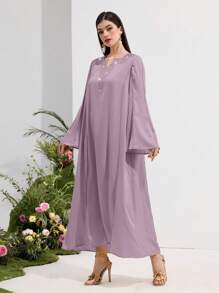 Al Najma Women's Elegant Rhinestone Embellished Bell Sleeve Arabic Style Dress, Modest