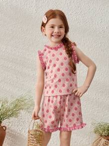 Blossori Young Girls Spring/Summer French Elegant Geometric Floral Pattern Knit Top And Shorts Set - Multicolor - View 1