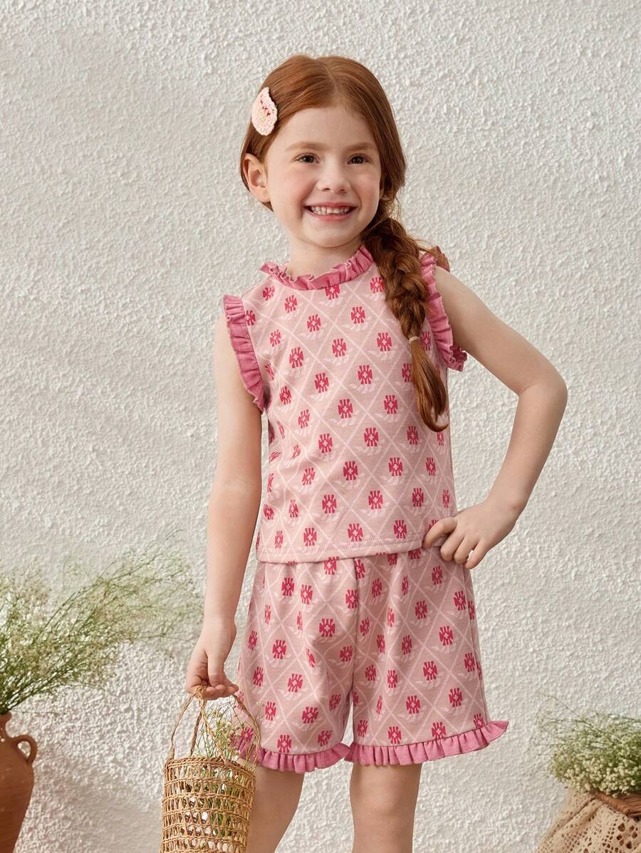 Blossori Young Girls Spring/Summer French Elegant Geometric Floral Pattern Knit Top And Shorts Set - Multicolor - View 1