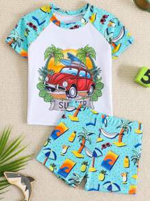 Baby Boy Summer Beach Stylish Car Graphic Print Swimsuit Set, Infant Swimwear Set With Ocean Life And Tropical Plant Prints. A Fashionable Must-Have Item For Beach Vacation, Featuring Short Sleeve Design, Blue And White Color Contrast, And Cute Car Cartoon Pattern. Vibrant And Lively, Suitable For Adorable Boys To Wear When Playing At The Beach During Holiday. - Multicolor - View 6