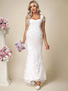 SHEIN 孕妇优雅心形领花卉贴花网眼短袖连衣裙 - 白色 - 查看 4