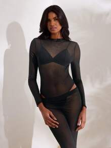 Opulessa Set da donna composto da 2 pezzi: body a maniche lunghe monocromatico e pantaloni a vita alta a zampa d'elefante, outfit da rave, outfit primaverili per festival, abito di Pasqua per donna - nero - Visualizzare 4