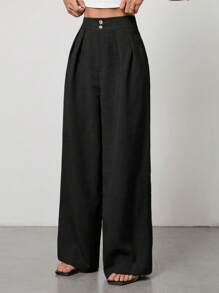SHEIN PETITE Pantalones formales de pierna ancha y cintura alta plisados en color caqui, adecuados para vacaciones de verano - Negro - Ver 4