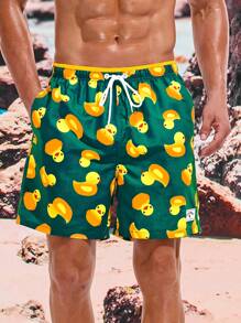 Manfinity Swimmode Men's Cartoon Duck Print Drawstring Waist Beach Shorts - Green - View 5
