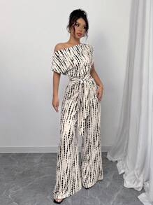 Women's Full Print Asymmetric Neck Bat Sleeve Tie Front Wide Leg Jumpsuit, Pants Jumpsuit Women Jumpsuits Elenzga Jumpsuit Suitable For Dates, Work, Vacation, Holidays, Casual Wear, Summer Bohemian Style/Holiday/Festival/Music Festival/Derby Dress - Multicolor - View 4